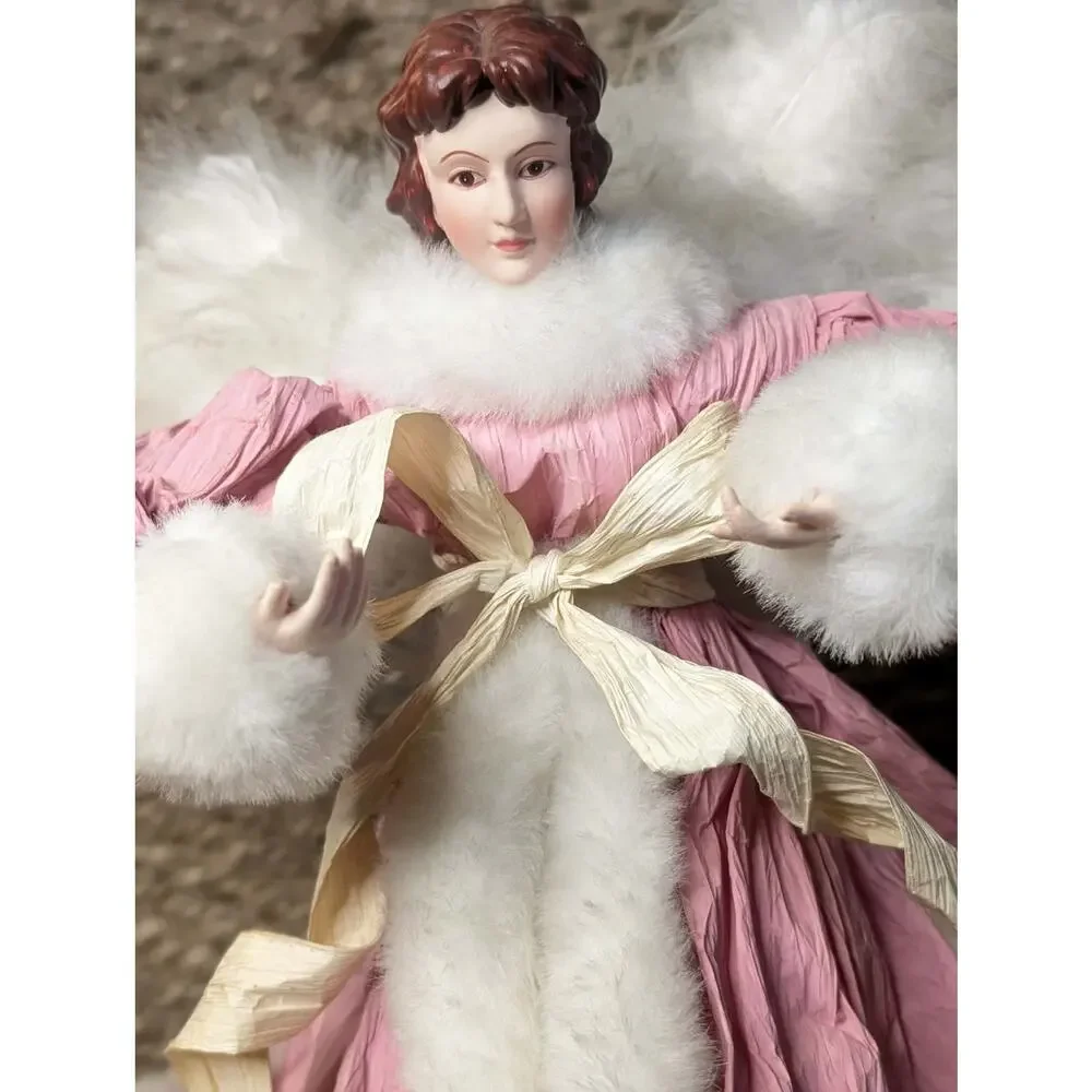 Christmas Pink Shabby Chic Faux Fur Feathers Victorian Angel Tree Topper 16